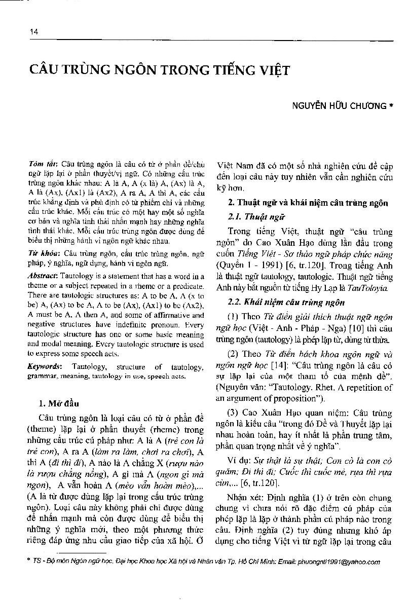 Câu trùng ngôn trong tiếng Việt = Tautology in Vietnamese language