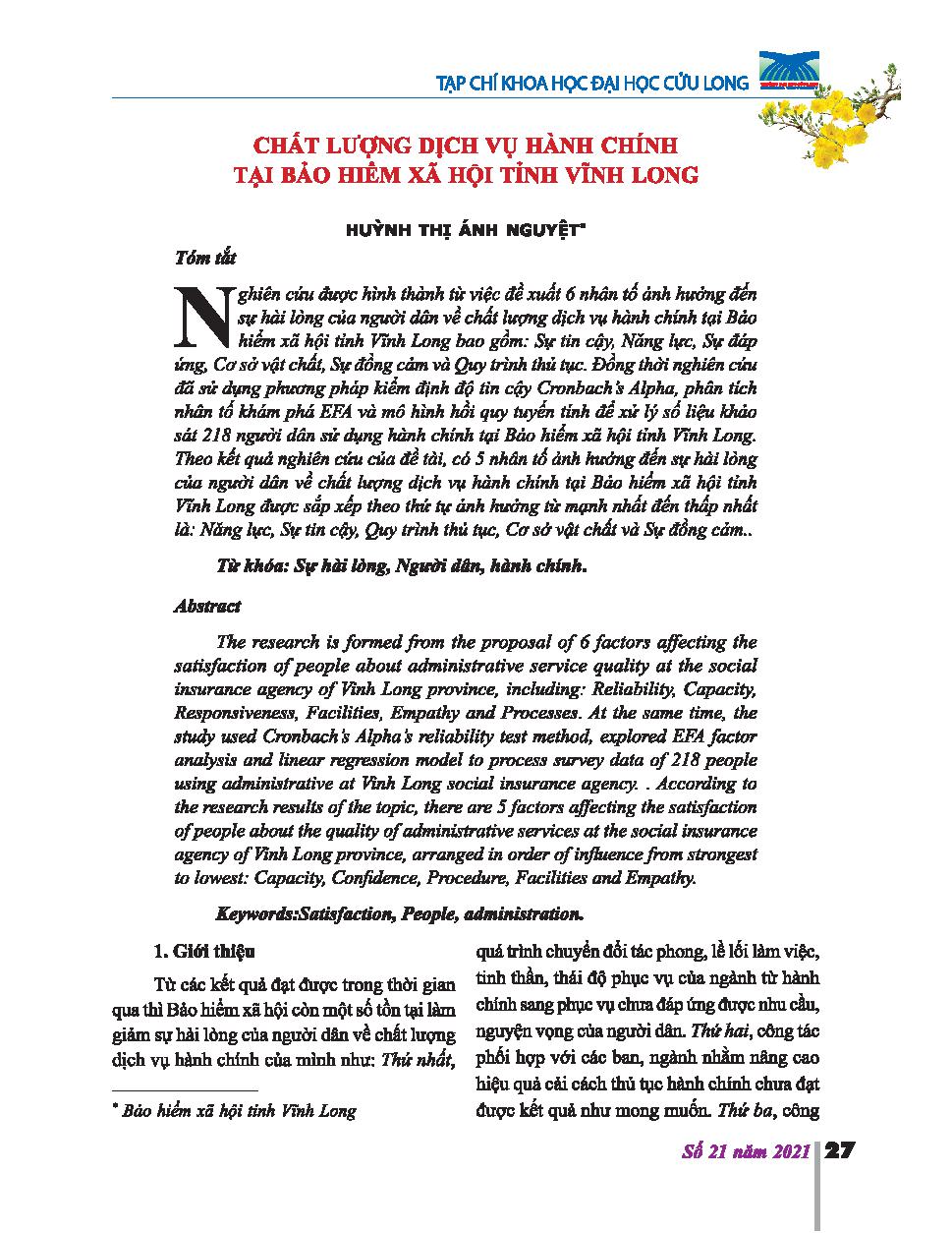 Chất lượng dịch vụ hành chính tại Bảo hiểm xã hội tỉnh Vĩnh Long = Quality of administrative services at Vinh Long Provincial Social Insurance