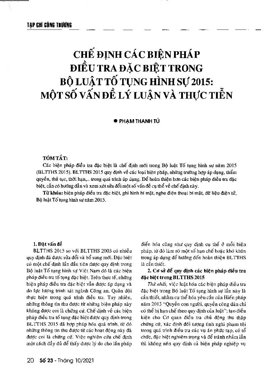 Chế định các biện pháp điều tra đặc biệt trong Bộ luật Tố tụng hình sự 2015: Một số vấn đề lý luận và thực tiễn = Regulations on special investigative measures in the 2015 Criminal Procedure Code: Some theoretical and practical issues