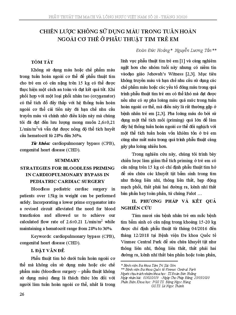 Chiến lược không sử dụng máu trong tuần hoàn ngoài cơ thể ở phẫu thuật tim trẻ em = Strategies for bloodless priming in ardiopulmonary bypass in pediatric cardiac surgery