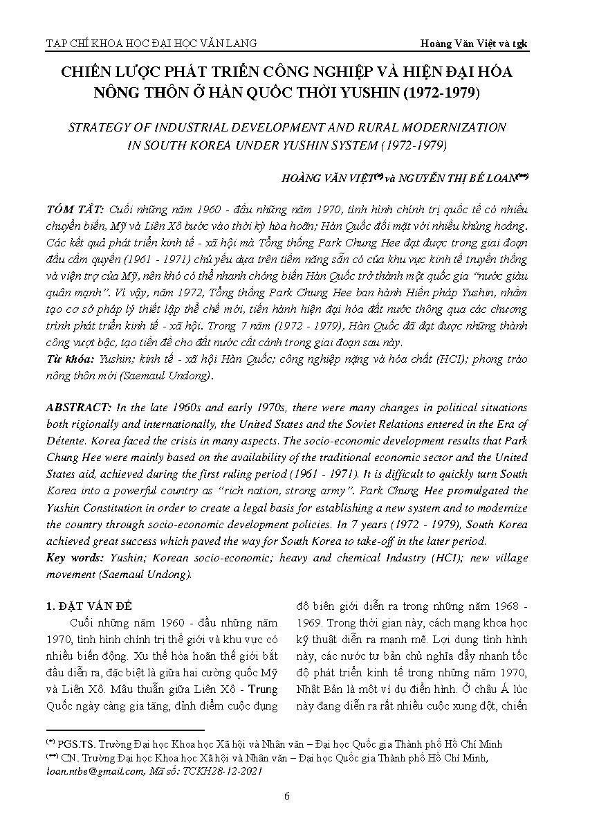 Chiến lược phát triển công nghiệp và hiện đại hóa nông thôn ở Hàn Quốc thời Yushin (1972-1979) = Strategy of industrial development and rural modernization in South Korea under Yushin system (1972-1979)