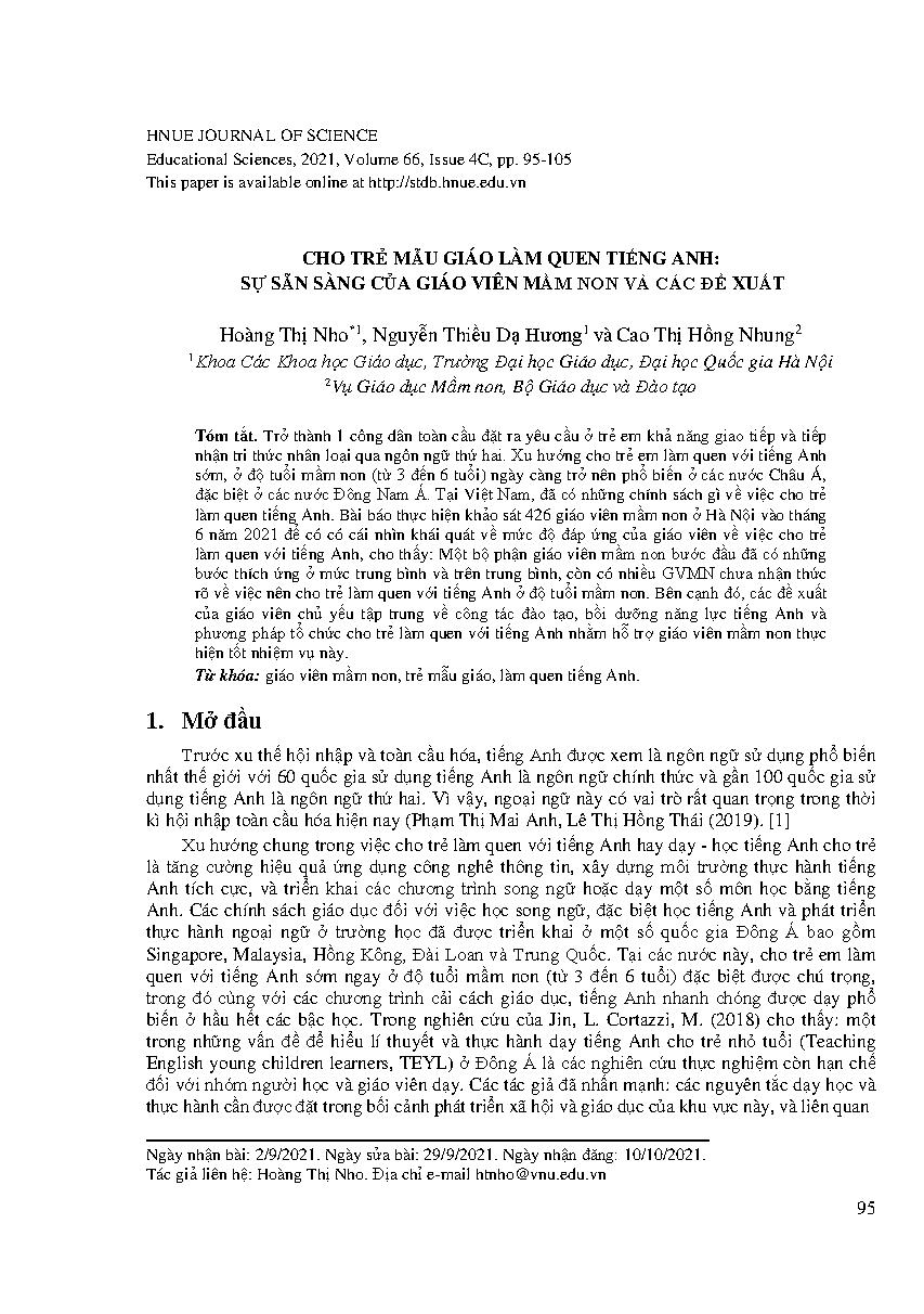 Cho trẻ mẫu giáo làm quen tiếng anh: sự sẵn sàng của giáo viên mầm non và các đề xuất = Organizing children to get acquainted with English: Preschool teachers’ readiness and some process