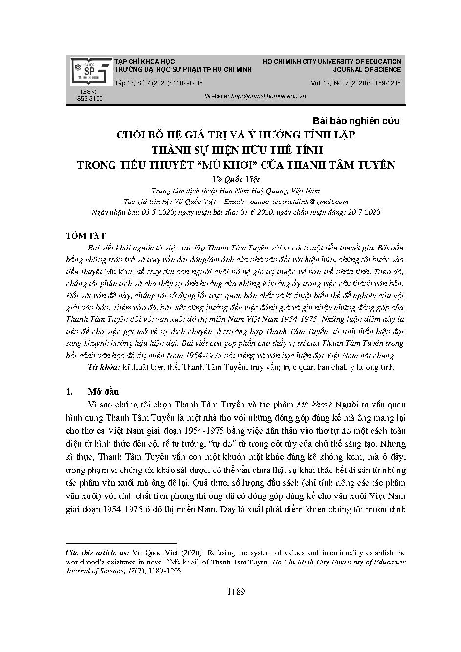 Chối bỏ hệ giá trị và ý hướng tính lập thành sự hiện hữu thế tính trong tiểu thuyết “Mù khơi” của Thanh Tâm Tuyền = Refusing the system of values and intentionality Establish the worldhood’s9 existence in novel “Mu khoi” of Thanh Tam Tuyen