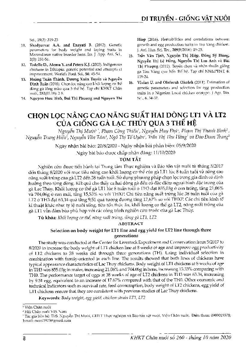 Chọn lọc nâng cao năng suất hai dòng LT1 và LT2 của giống gà Lạc Thủy qua 3 thế hệ = Selection on body weight for LT1 line and egg yield for LT2 line through three generations