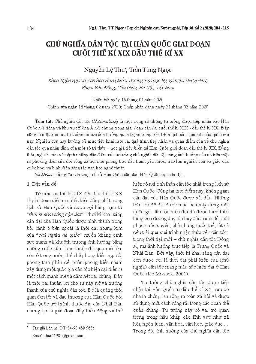 CHỦ NGHĨA DÂN TỘC TẠI HÀN QUỐC GIAI ĐOẠN CUỐI THẾ KỈ XIX ĐẦU THẾ KỈ XX = NATIONALISM IN KOREA IN THE LATE 19th AND EARLY 20th CENTURIES