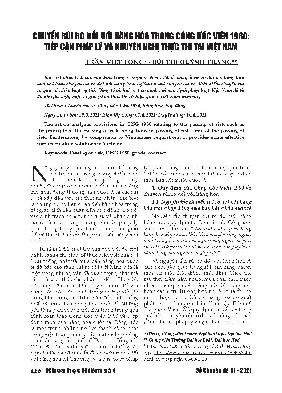 Chuyển rủi ro đối với hàng hóa trong Công ước Viên 1980: Tiếp cận pháp lý và khuyến nghị thực thi tại Việt Nam = Risk Transfer to Commodities in the 1980 Vienna Convention: Legal Approach and Implementation Recommendations in Vietnam