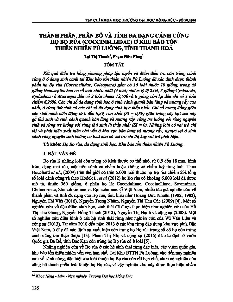 COMPONENTS, DISTRIBUTION AND DIVERSITY OF LADYBIRD (COCCINELLIDAE) AT PU LUONG NATURE RESERVE, THANH HOA PROVINCE = THÀNH PHẦN, PHÂN BỐ VÀ TÍNH ĐA DẠNG CÁNH CỨNG HỌ BỌ RÙA (COCCINELLIDAE) Ở KHU BẢO TỒN THIÊN NHIÊN PÙ LUÔNG, TỈNH THANH HOÁ