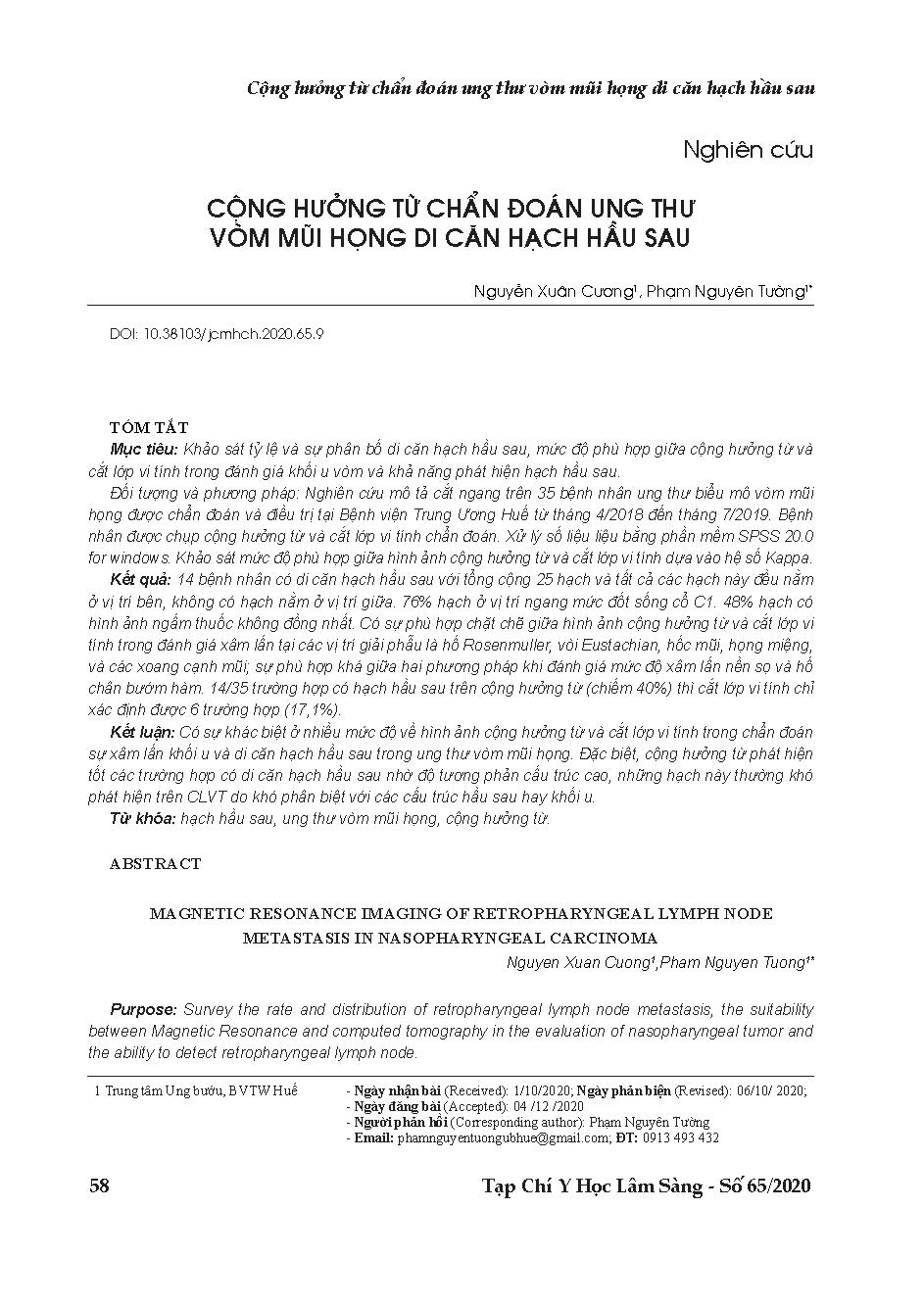 Cộng hưởng từ chẩn đoán ung thư vòm mũi họng di căn hạch hầu sau = Magnetic resonance imaging of retropharyngeal lymph node metastasis in nasopharyngeal carcinoma