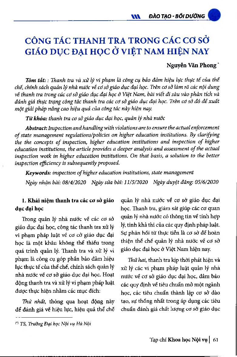 Công tác thanh tra trong các cơ sở giáo dục đại học ở Việt Nam hiện nay = Current inspection work in higher education institutions in Vietnam
