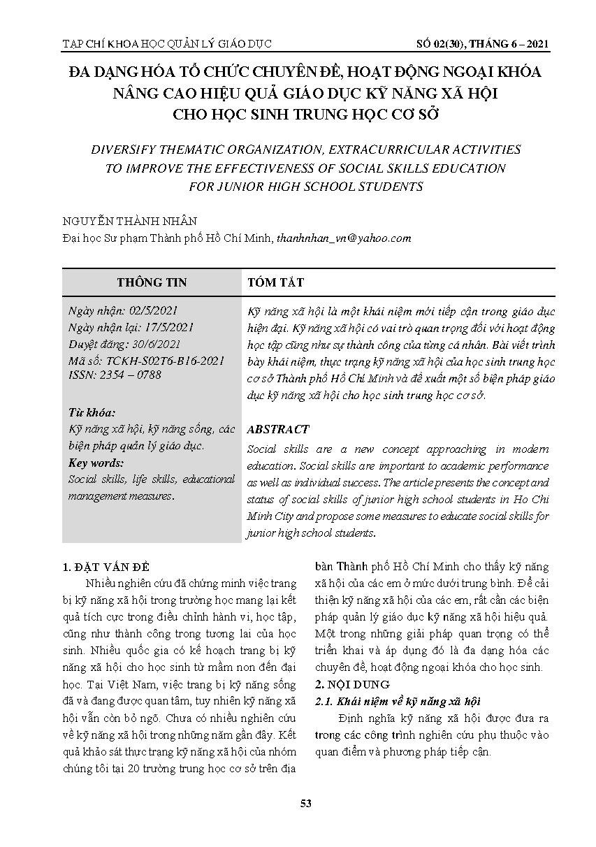 Đa dạng hóa tổ chức chuyên đề, hoạt động ngoại khóa nâng cao hiệu quả giáo dục kỹ năng xã hội cho học sinh trung học cơ sở = DIVERSIFY THEMATIC ORGANIZATION, EXTRACURRICULAR ACTIVITIES TO IMPROVE THE EFFECTIVENESS OF SOCIAL SKILLS EDUCATION FOR JUNIOR HIGH SCHOOL STUDENTS