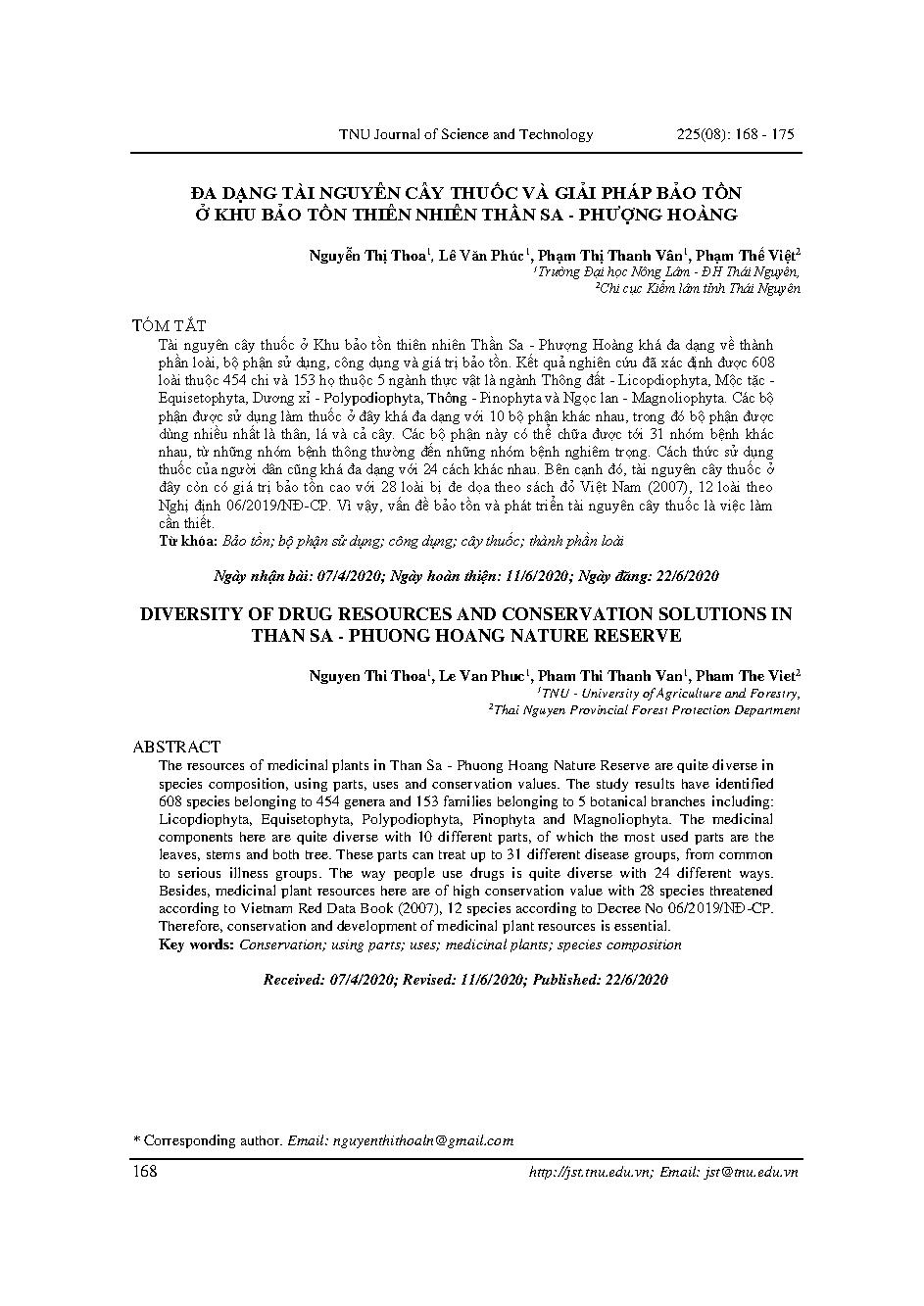 Đa dạng tài nguyên cây thuốc và giải pháp bảo tồn ở khu bảo tồn thiên nhiên Thần Sa - Phượng Hoàng = Diversity of drug resources and conservation solutions in Than Sa - Phuong Hoang nature reserve