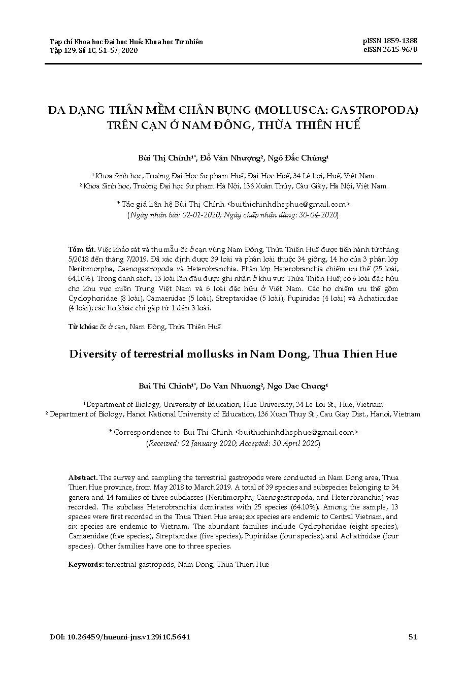 Đa dạng thân mềm chân bụng (Mollusca: Gastropoda) trên cạn ở Nam Đông, Thừa Thiên Huế = Diversity of terrestrial mollusks in Nam Dong, Thua Thien Hue