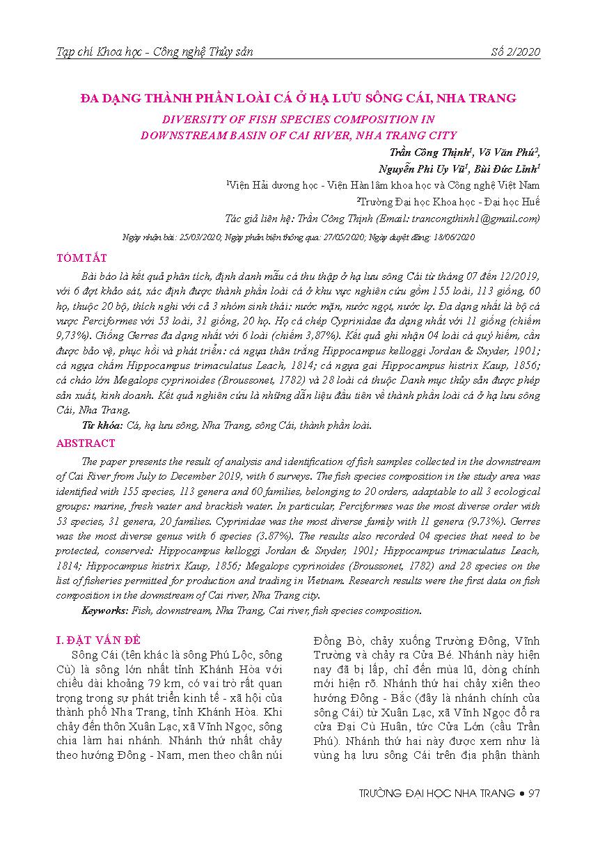 Đa dạng thành phần loài cá ở hạ lưu sông Cái, Nha Trang = Diversity of fish species composition in downstream basin of Cai river, Nha Trang city