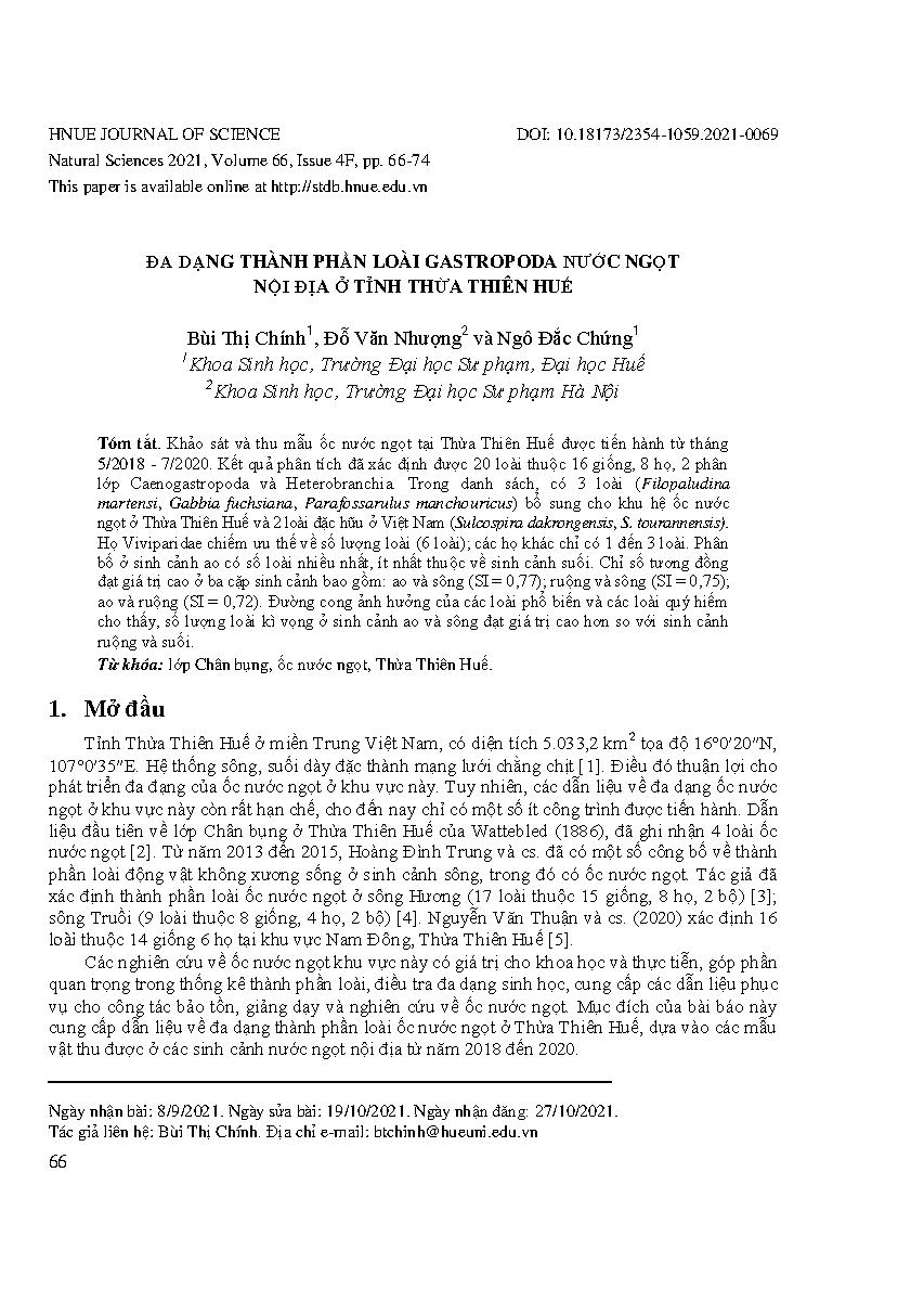 Đa dạng thành phần loài gastropoda nước ngọt nội địa ở tỉnh Thừa Thiên Huế = Diversity of the Gastropoda in freshwater of the mainland in Thua Thien Hue