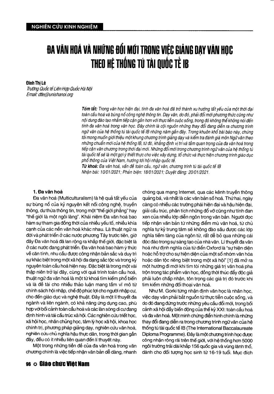 Đa văn hóa và những đổi mới trong việc giảng dạy văn học theo hệ thống tú tài quốc tế IB = Multi-culturalism and the Innovation in teaching following the international baccalaureate (IB) system