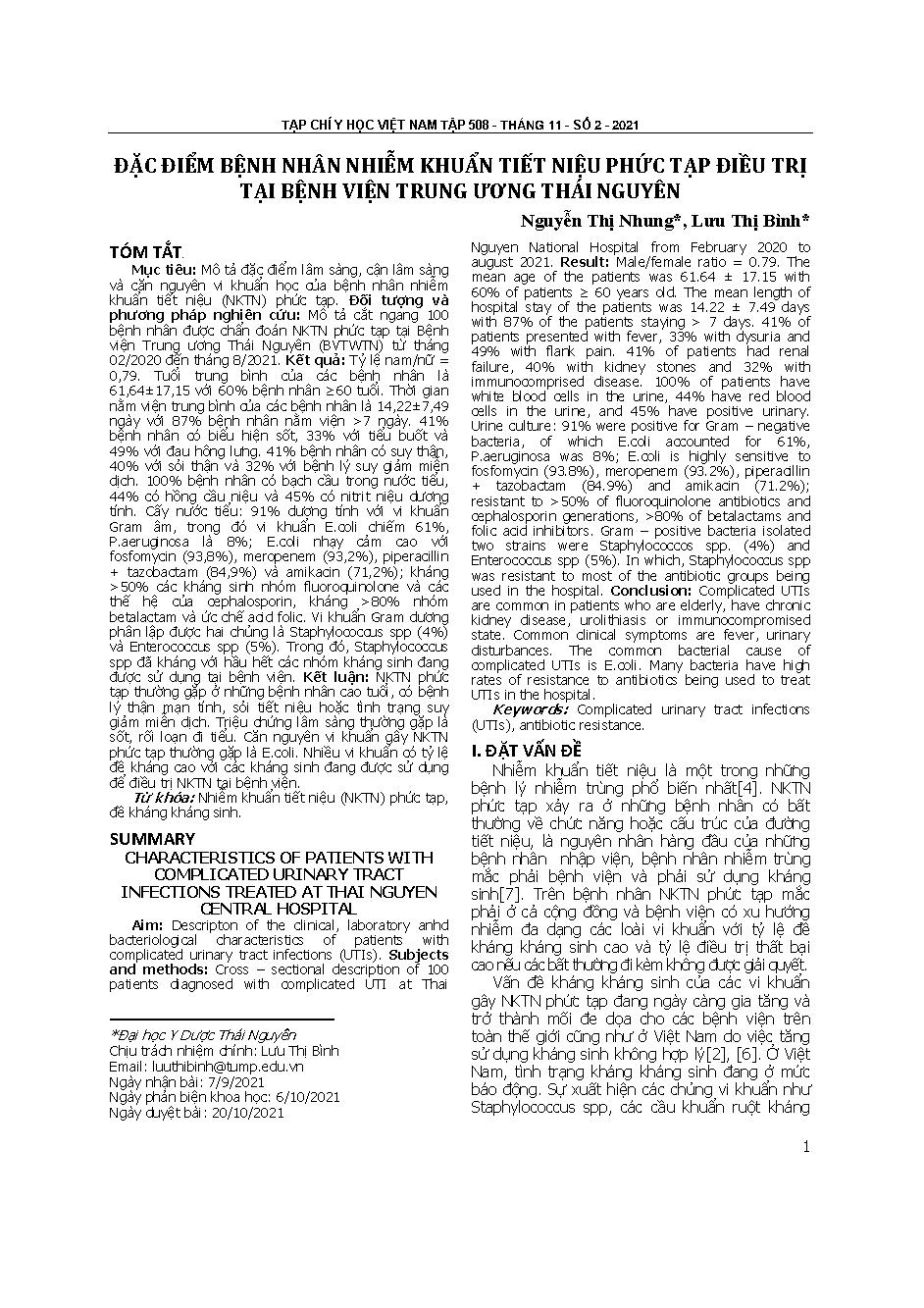 Đặc điểm bệnh nhân nhiễm khuẩn tiết niệu phức tạp điều trị tại Bệnh viện Trung ương Thái Nguyên = Characteristics of patients with complicated urinary tract infections treated at Thai Nguyen central hospital
