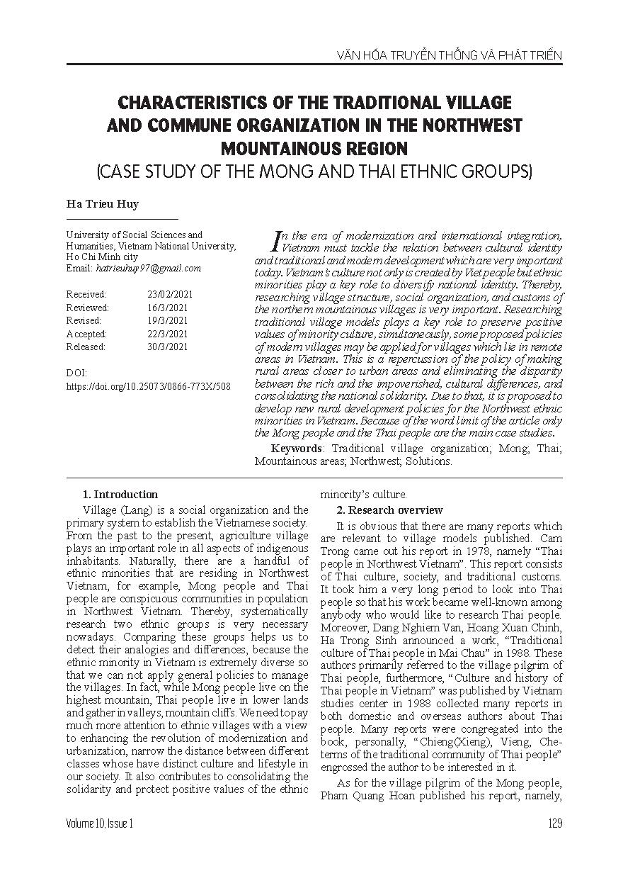 Đặc điểm của tổ chức làng xã cổ truyền ở vùng núi Tây Bắc (nghiên cứu trường hợp làng của dân tộc mông và dân tộc Thái) = Characteristics of the traditional village and commune organization in the northwest mountainous region (case study of the mong and thai ethnic groups)