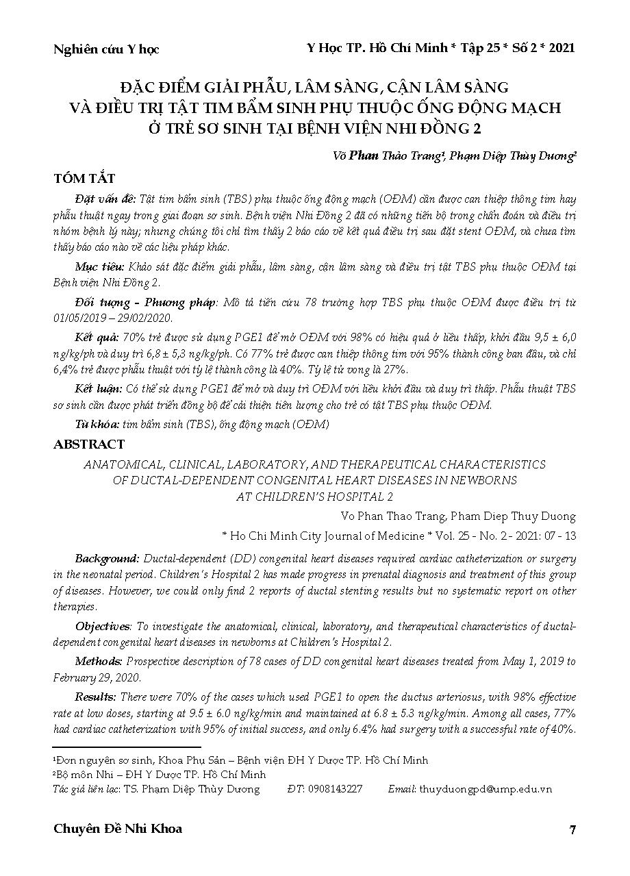 Đặc điểm giải phẫu, lâm sàng, cận lâm sàng và điều trị tật tim bẩm sinh phụ thuộc ống động mạch ở trẻ sơ sinh tại Bệnh viện Nhi Đồng 2 = Anatomical, clinical, laboratory, and therapeutical characteristics of ductal-dependent congenital heart diseases in newborns at children’s hospital 2