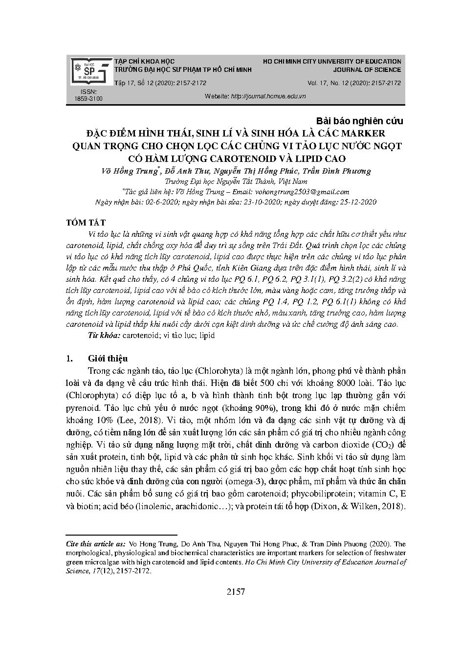 Đặc điểm hình thái, sinh lí và sinh hóa là các marker quan trọng cho chọn lọc các chủng vi tảo lục nước ngọt có hàm lượng carotenoid và lipid cao = The morphological, physiological and biochemical characteristics are important markers for selection of freshwater green microalgae with high carotenoid and lipid contents