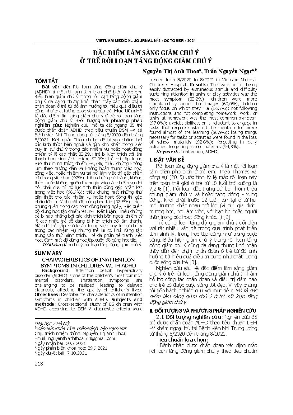 Đặc điểm lâm sàng giảm chú ý ở trẻ rối loạn tăng động giảm chú ý = Characteristics of inattention symptoms in children with Attention deficit hyperactivity disorder