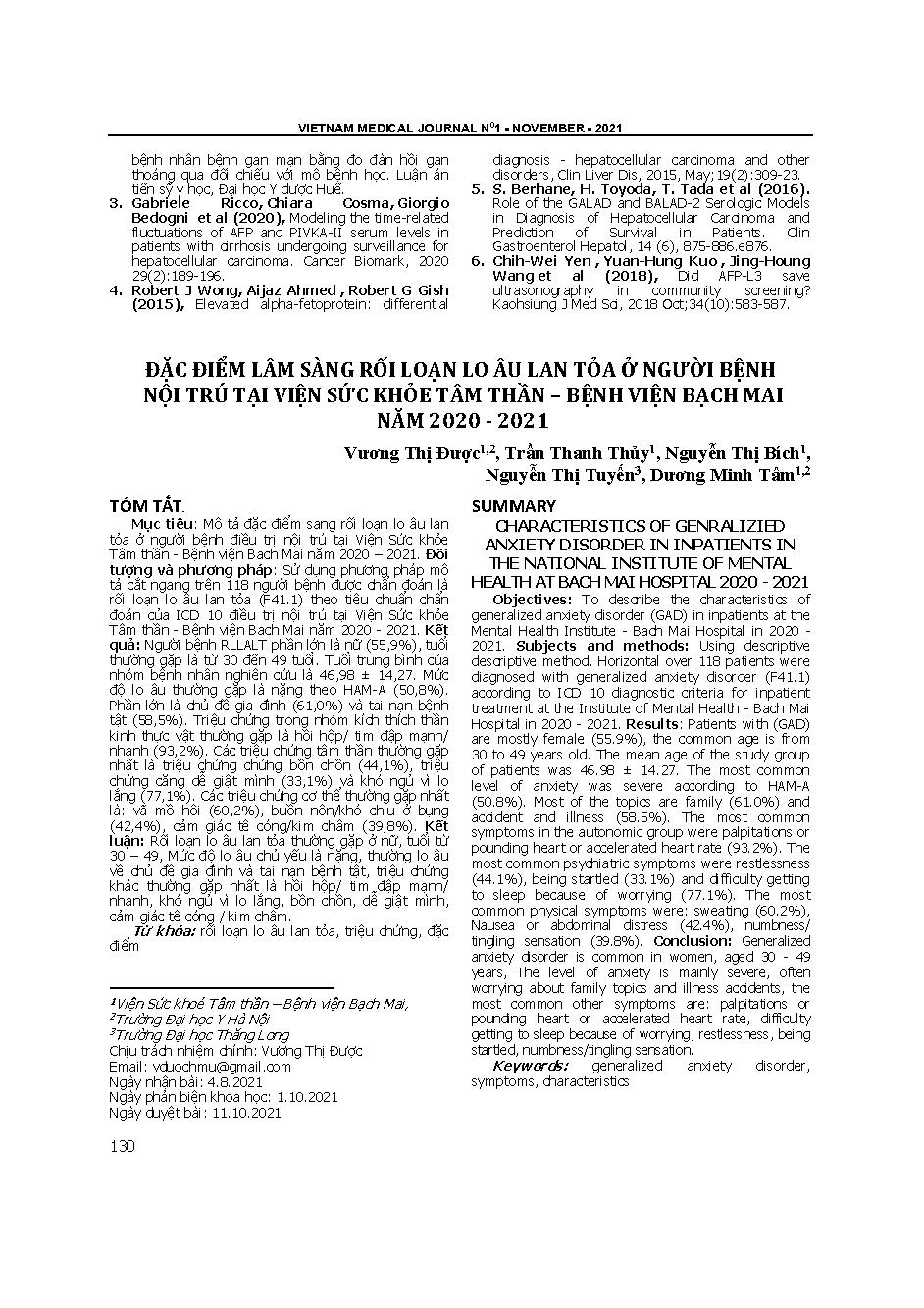 Đặc điểm lâm sàng rối loạn lo âu lan tỏa ở người bệnh nội trú tại Viện Sức khỏe tâm thần – Bệnh viện Bạch Mai năm 2020 - 2021 = Characteristics of generalized anxiety disorder in inpatients in the National institute of mental health at Bach Mai hospital 2020 - 2021