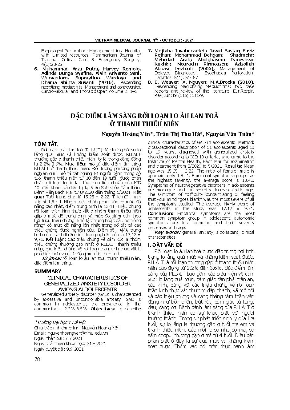 Đặc điểm lâm sàng rối loạn lo âu lan tỏa ở thanh thiếu niên = Clinical characteristics of generalized anxiety disorder among adolescents