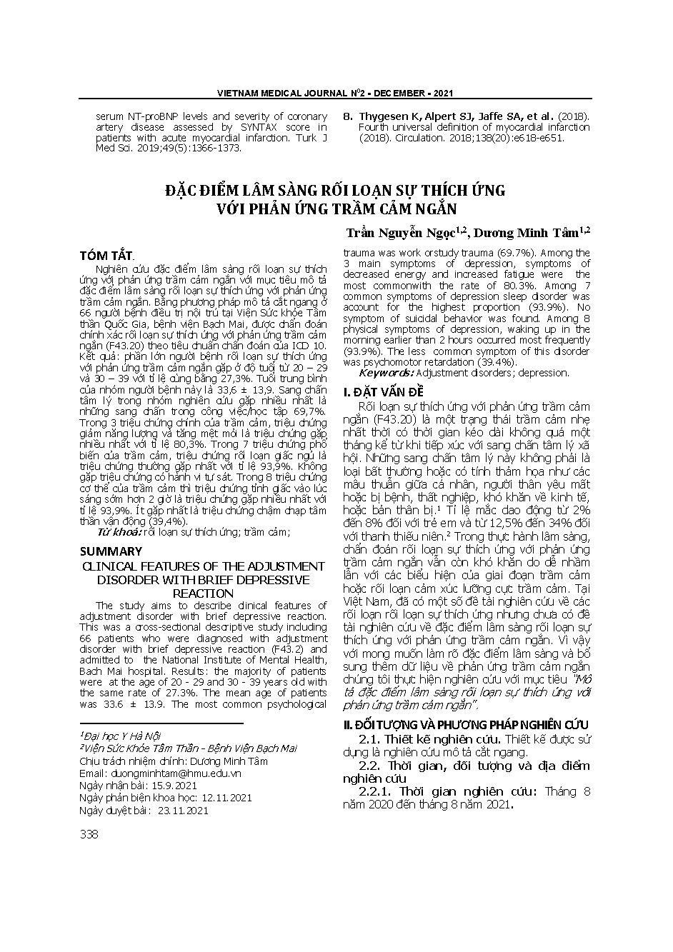 Đặc điểm lâm sàng rối loạn sự thích ứng với phản ứng trầm cảm ngắn = Clinical features of the adjustment disorder with brief depressive reaction