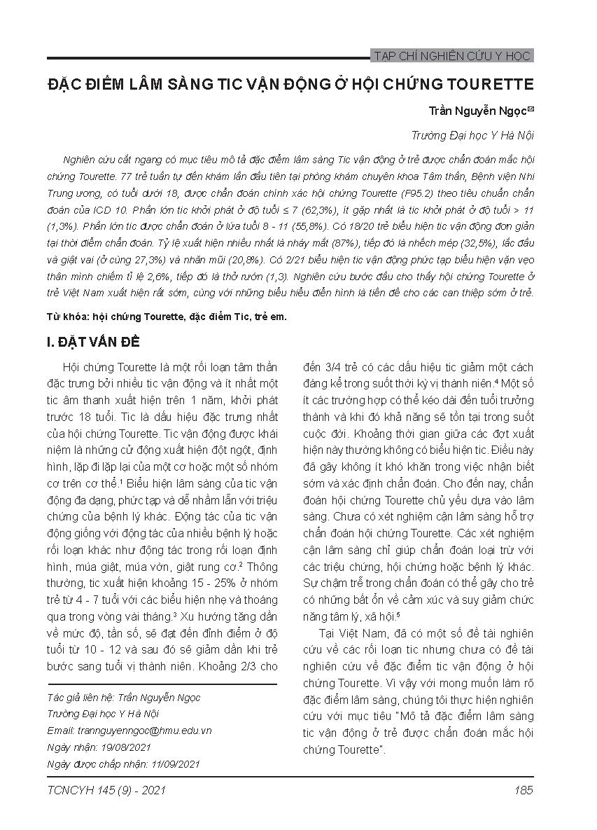 Đặc điểm lâm sàng Tic vận động ở hội chứng Tourette = The clinical characteristics of motor Tics of Tourette’s syndrome