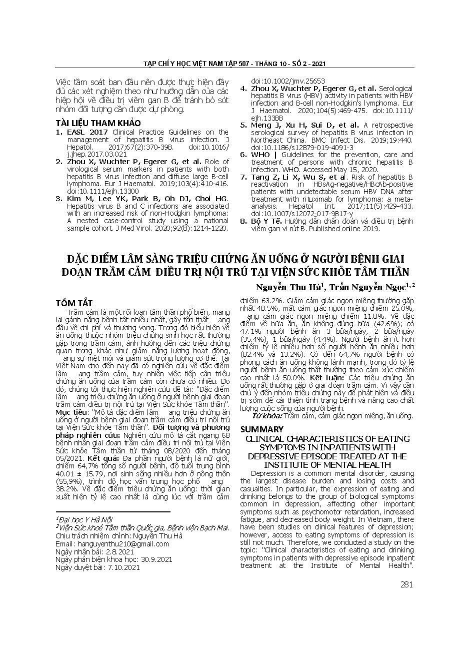 Đặc điểm lâm sàng triệu chứng ăn uống ở người bệnh giai đoạn trầm cảm điều trị nội trú tại Viện Sức khỏe Tâm thần = Clinical characteristics of eating symptoms in inpatients with depressive episode treated at the institute of mental health