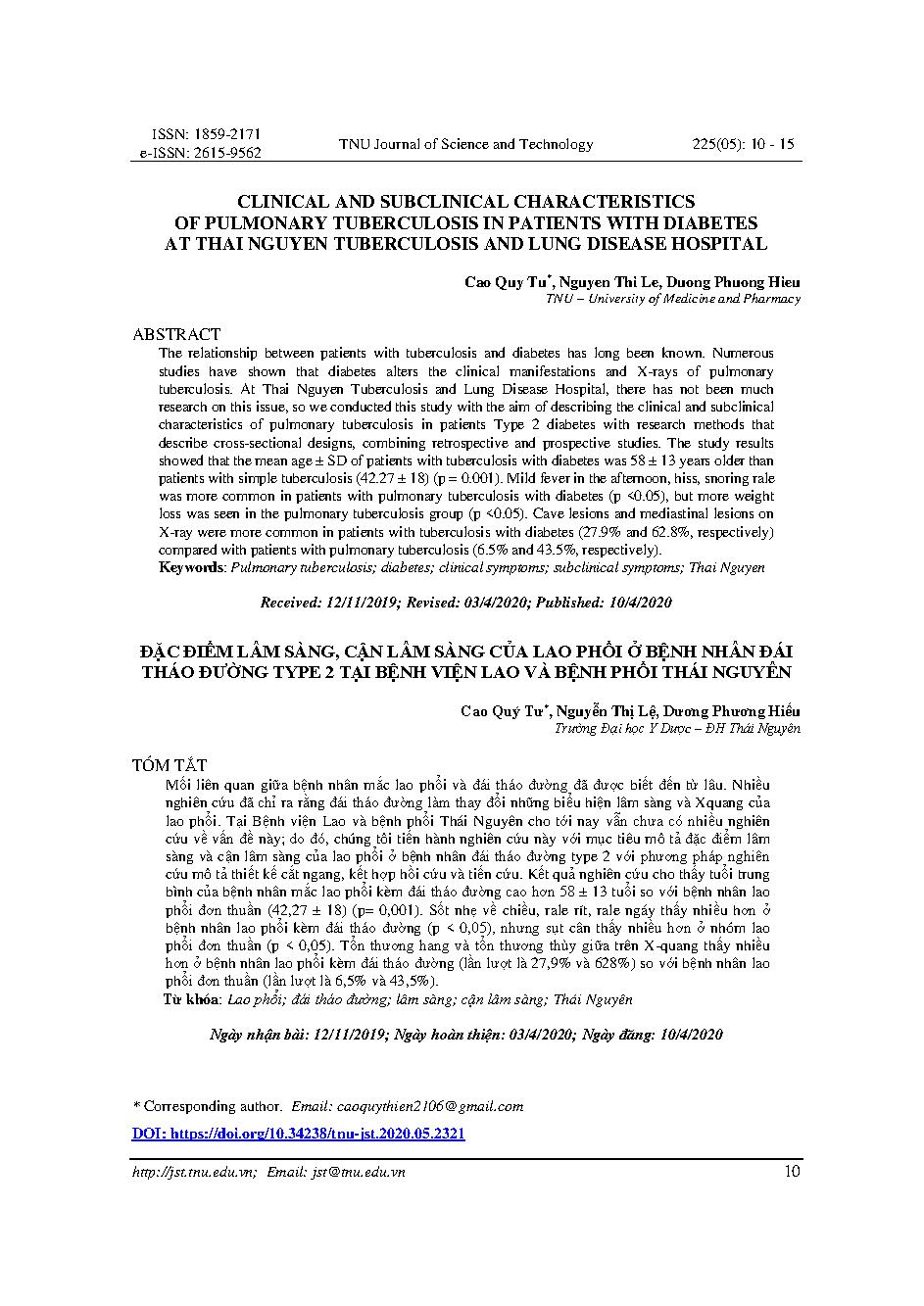 Đặc điểm lâm sàng, cận lâm sàng của lao phổi của bệnh nhân đái tháo đường type 2 tại bệnh viện Lao và bệnh Phổi Thái Nguyên = Clinical and subclinical characteristics of pulmonary tuberculosis in patients with diabetes at Thai Nguyen tuberculosis and lung disease hospital
