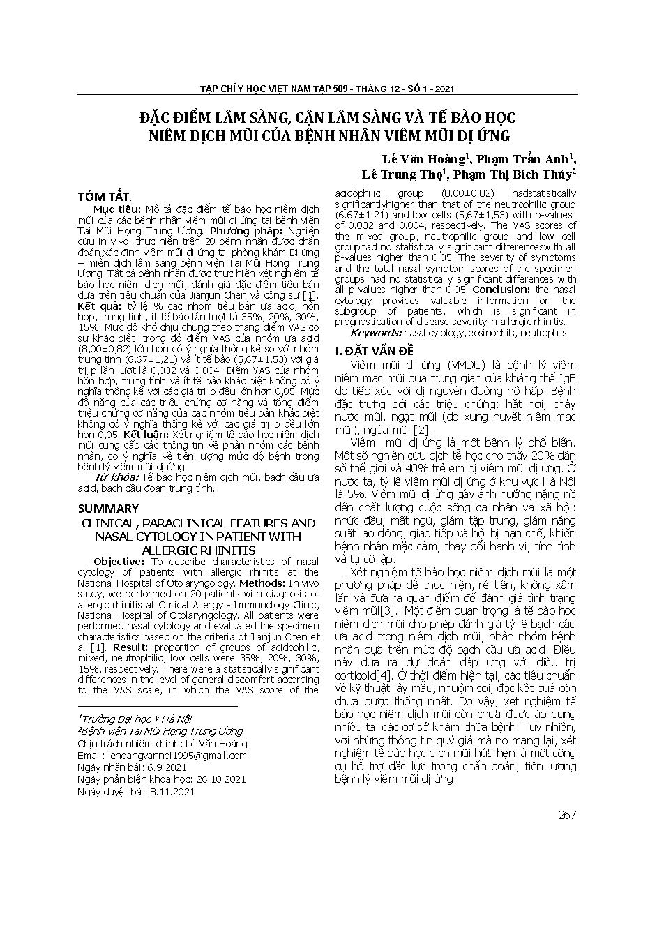 Đặc điểm lâm sàng, cận lâm sàng và tế bào học niêm dịch mũi của bệnh nhân viêm mũi dị ứng = Clinical, paraclinical features and nasal cytology in patient with allergic rhinitis