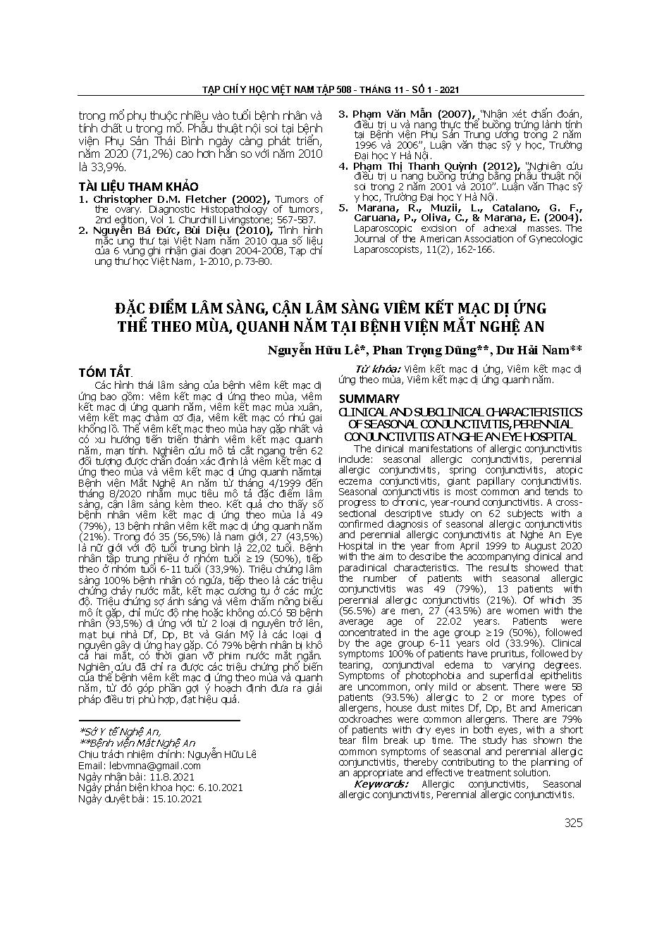 Đặc điểm lâm sàng, cận lâm sàng viêm kết mạc dị ứng thể theo mùa, quanh năm tại Bệnh viện Mắt Nghệ An = Clinical and subclinical characteristics of seasonal conjunctivitis, perennial conjunctivitis at Nghe An eye hospital