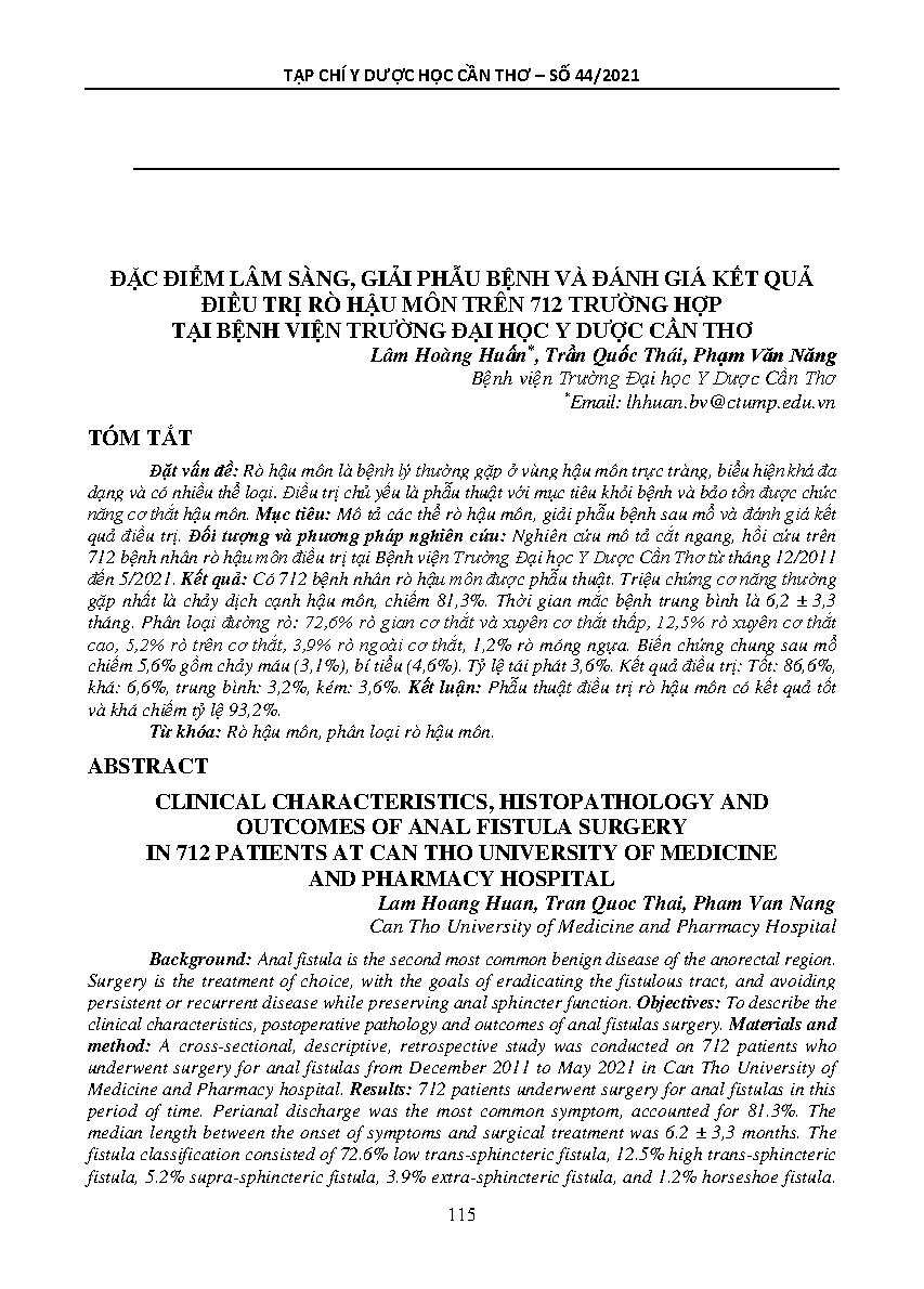 Đặc điểm lâm sàng, giải phẫu bệnh và đánh giá kết quả điều trị rò hậu môn trên 712 trường hợp tại bệnh viện trường đại học y dược Cần Thơ = Clinical characteristics, histopathology and outcomes of anal fistula surgery in 712 patients at can tho university of medicine and pharmacy hospital