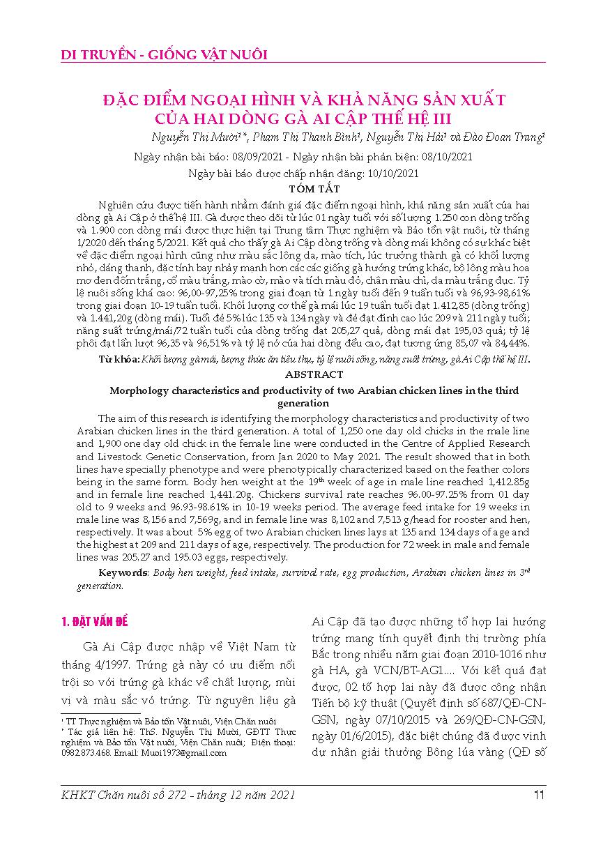 Đặc điểm ngoại hình và khả năng sản xuất của hai dòng gà Ai Cập thế hệ III = Morphology characteristics and productivity of two Arabian chicken lines in the third generation