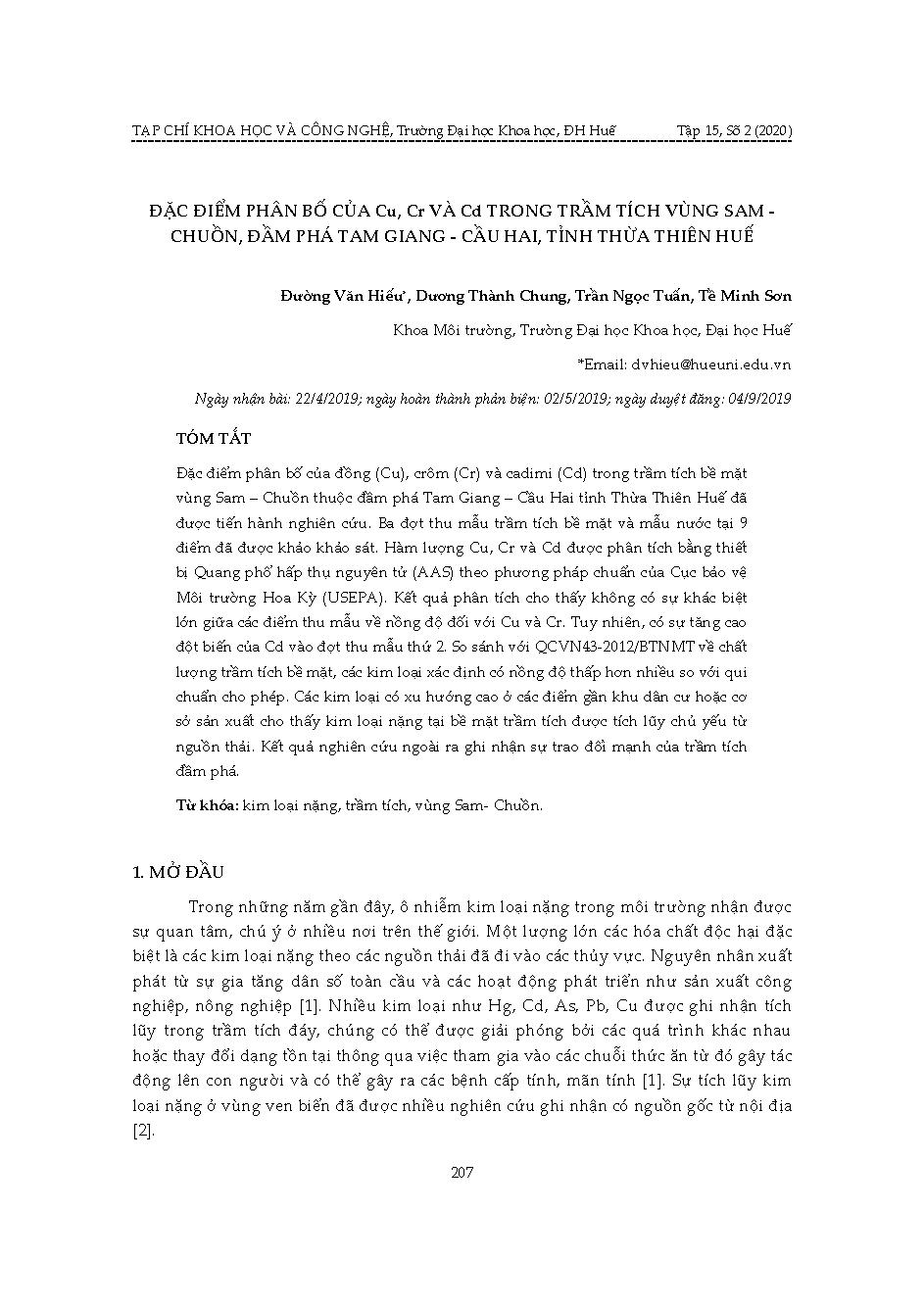 Đặc điểm phân bố của Cu, Cr và Cd trong trầm tích vùng Sam - Chuồn, đầm phá Tam Giang - Cầu Hai, tỉnh Thừa Thiên Huế = Distribution characteristics of Cu, Cr and Cd in sediment of Sam Chuon area, Tam Giang – Cau Hai lagoon, Thua Thien Hue province
