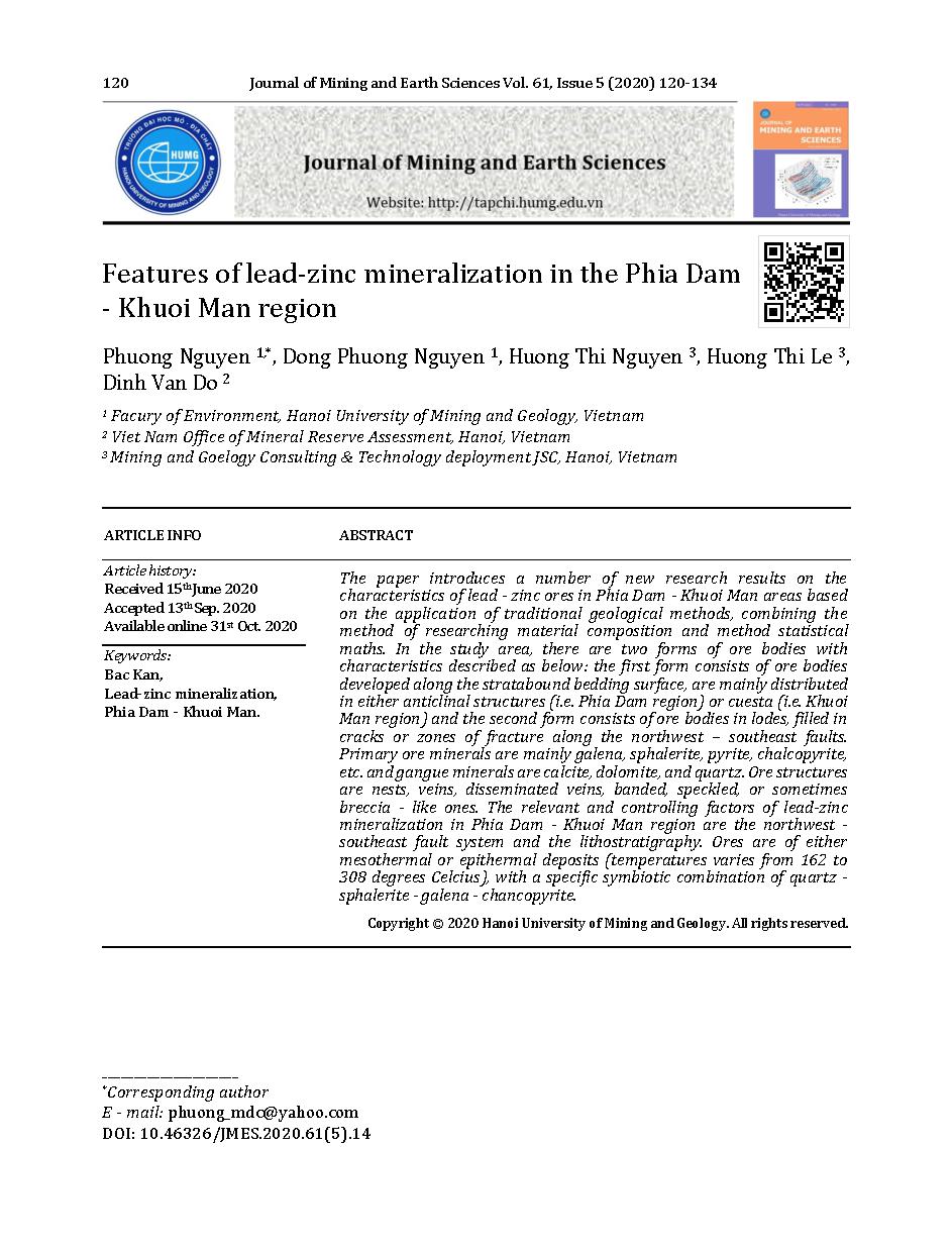 Đặc điểm quặng hóa chì - kẽm khu vực Phia Đăm – Khuổi Mạn = Features of lead-zinc mineralization in the Phia Dam - Khuoi Man region