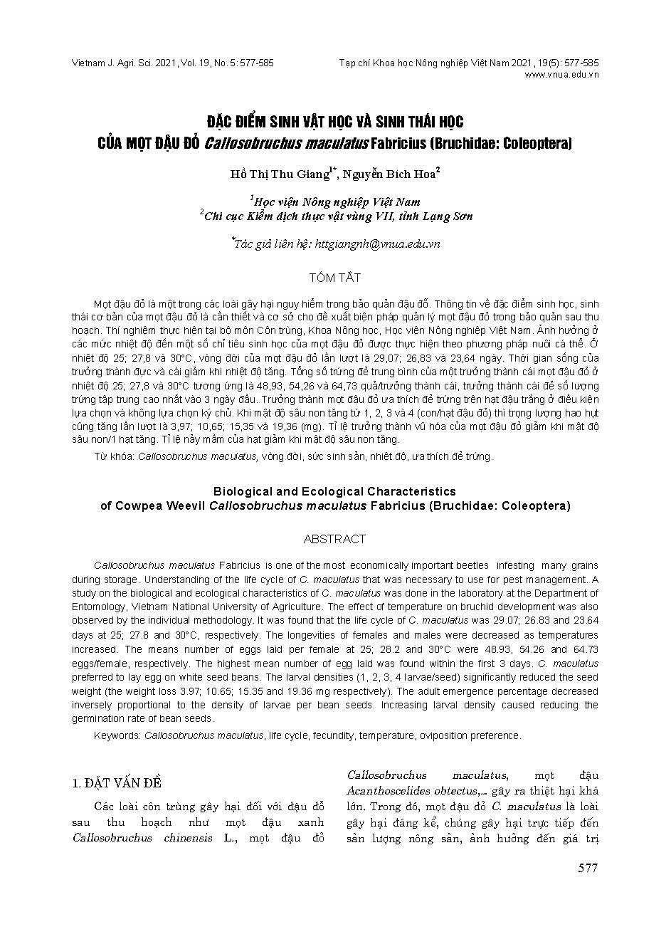 Đặc điểm sinh vật học và sinh thái học của mọt đậu đỏ Callosobruchus maculatus Fabricius (Bruchidae: Coleoptera) = Biological and Ecological Characteristics of Cowpea Weevil Callosobruchus maculatus Fabricius (Bruchidae: Coleoptera)