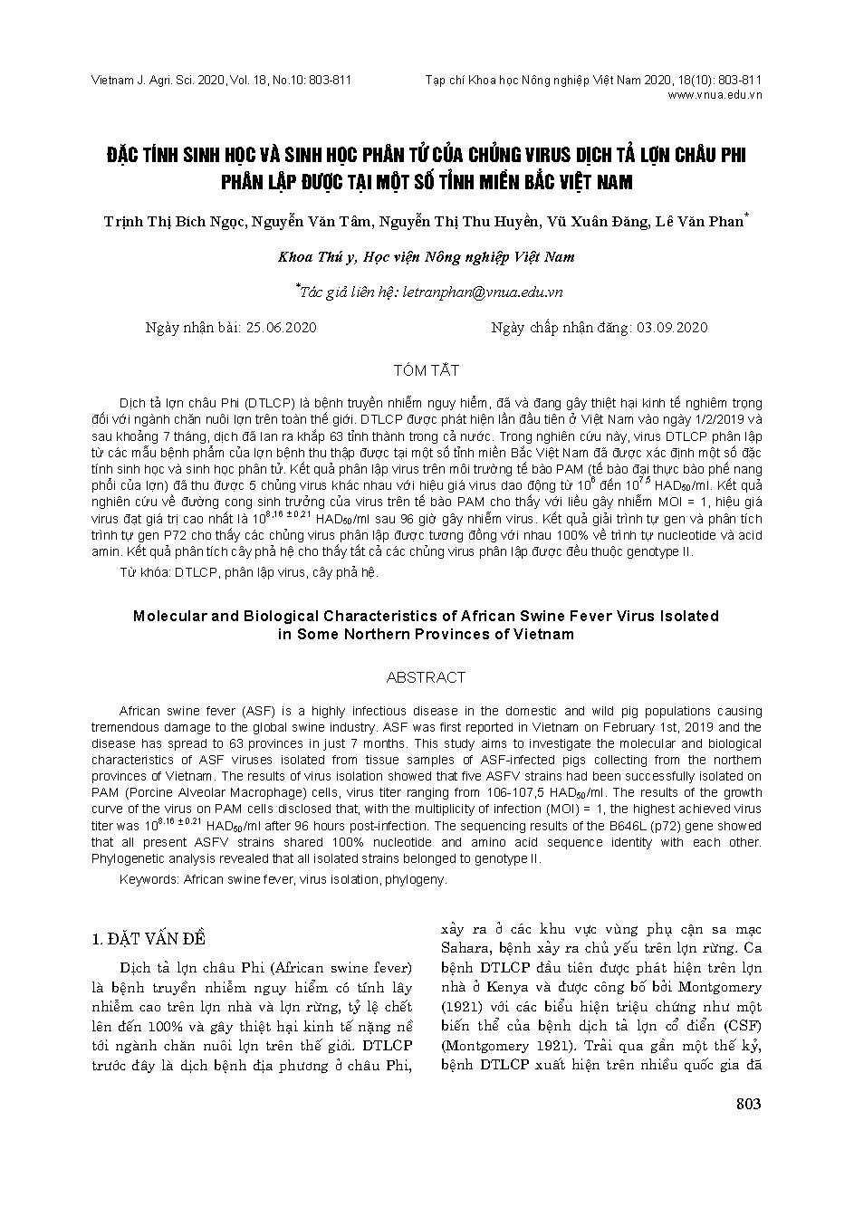 Đặc tính sinh học và sinh học phân tử của chủng virus dịch tả lợn châu Phi phân lập được tại một số tỉnh miền bắc Việt Nam = Molecular and biological characteristics of African swine fever virus isolated in some Northern provinces of Vietnam