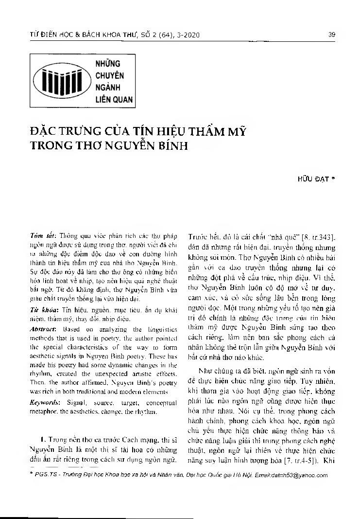 Đặc trưng của tín hiệu thẩm mỹ trong thơ Nguyễn Bính = Characteristics of aesthetic signals in Nguyen Binh poetry