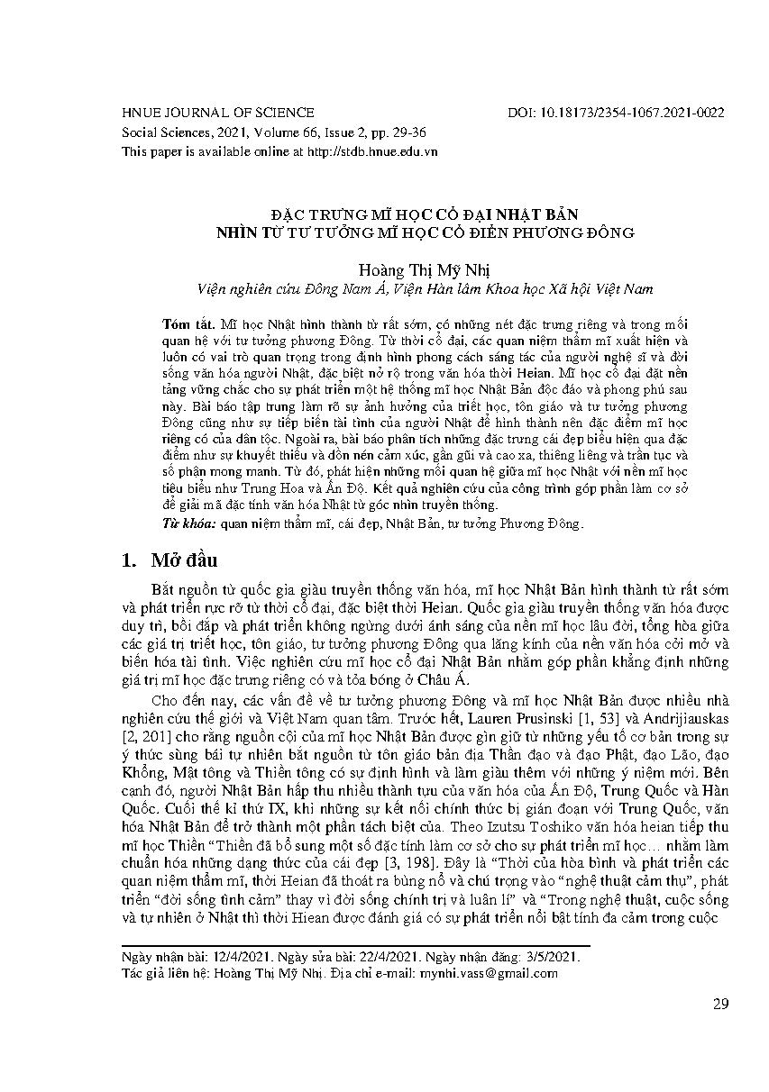 Đặc trưng mĩ học cổ đại Nhật Bản nhìn từ tư tưởng mĩ học cổ điển Phương Đông = Characteristics of traditional Japanese Aesthetics from the View of Orient Classical Aesthetics