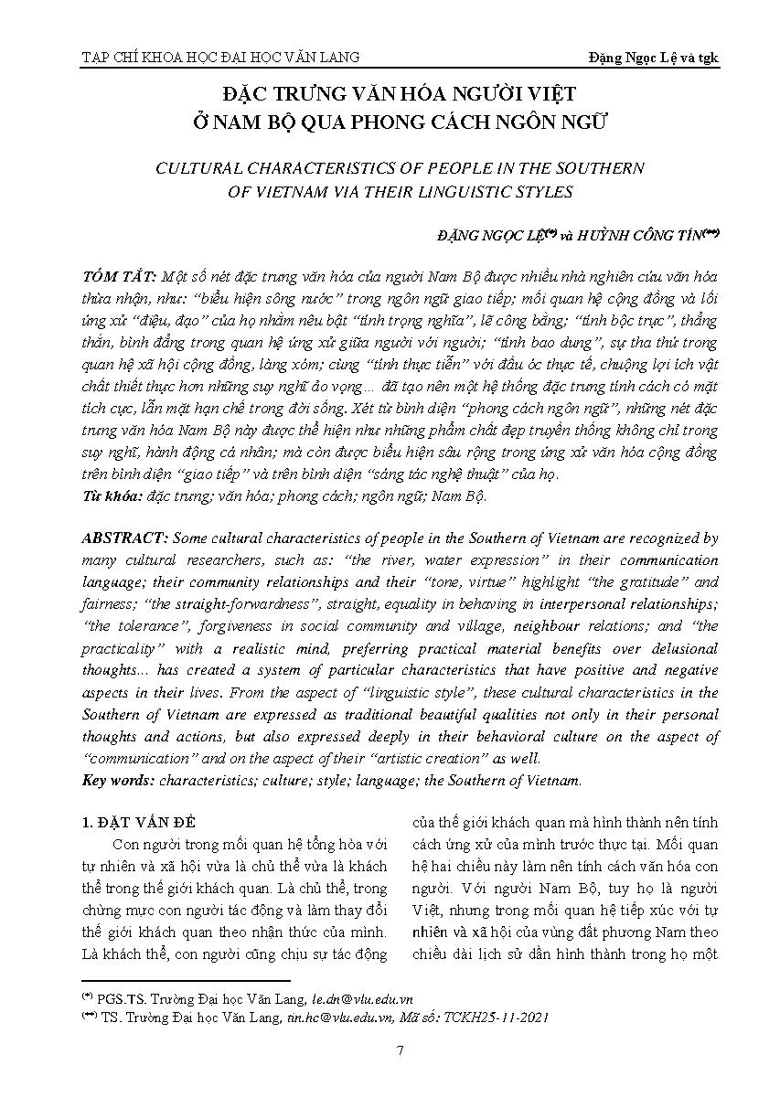 Đặc trưng văn hóa người Việt ở Nam Bộ qua phong cách ngôn ngữ = Cultural characteristics of people in the Southern of Vietnam via their linguistic styles