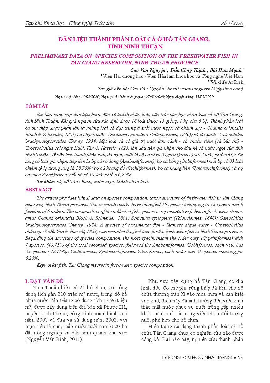 Dẫn liệu thành phần loài cá ở hồ Tân Giang, tỉnh Ninh Thuận = Preliminary data on species composition of the freshwater fish in Tan giang reservoir, Ninh Thuan province