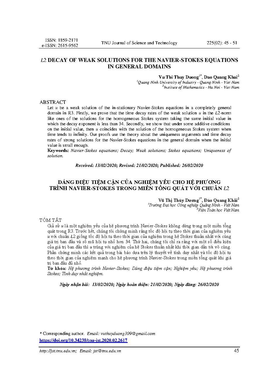 Dáng điệu tiệm cận của nghiệm yếu cho hệ phương trình Navier-Stokes trong miền tổng quát với chuẩn L2 = L2 decay of weak solutions for the navier-stokes equations in general domains