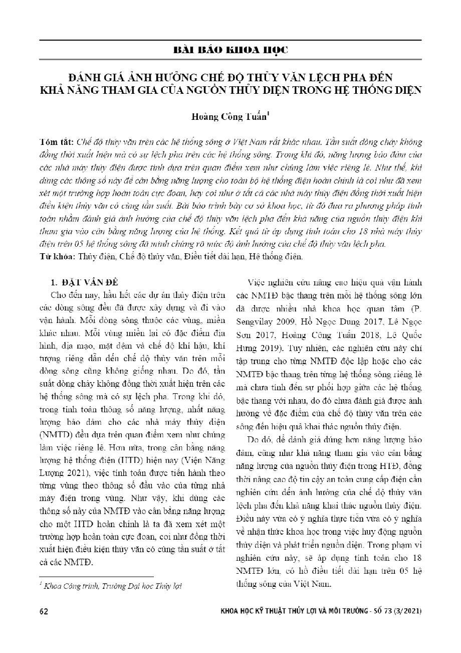 Đánh giá ảnh hưởng chế độ thủy văn lệch pha đến khả năng tham gia của nguồn thủy điện trong hệ thống điện = Evaluating influence of phase different hydrological regime on the Participation capability of hydropower source in the power system