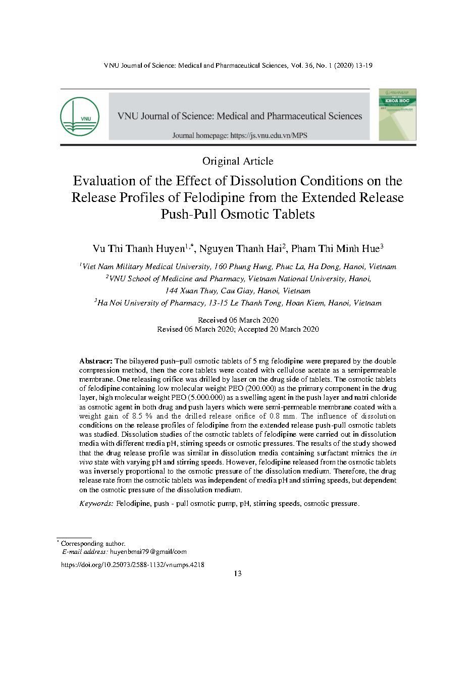 Đánh giá ảnh hưởng của điều kiện thử hòa tan đến giải phóng dược chất từ viên felodipin giải phóng kéo dài theo cơ chế bơm thẩm thấu kéo - đẩy = Evaluation of the effect of dissolution conditions on the release profiles of felodipine from the extended release push-pull osmotic tablets