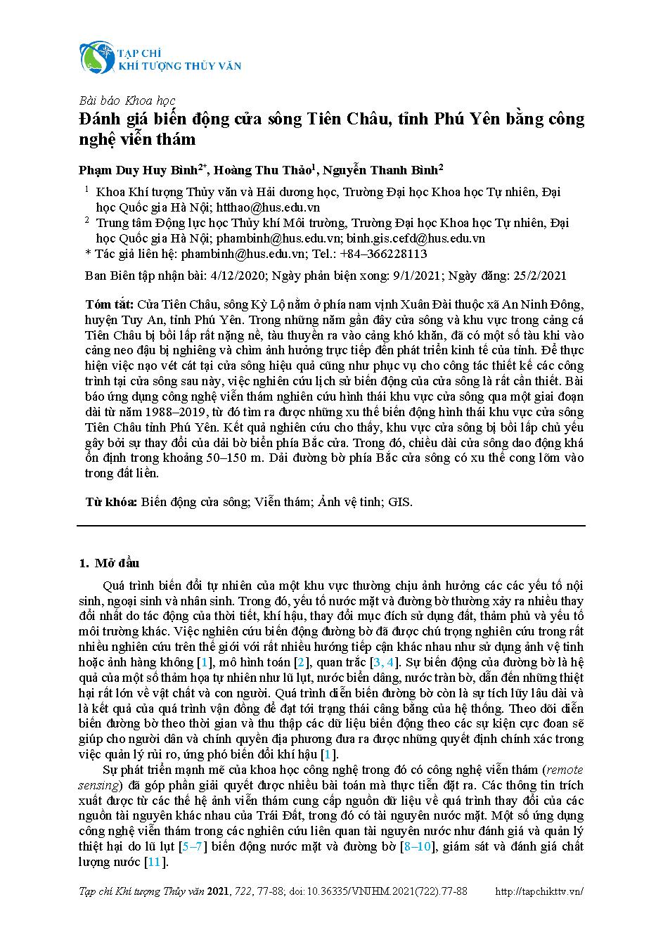 Đánh giá biến động cửa sông Tiên Châu, tỉnh Phú Yên bằng công nghệ viễn thám = Study on Tien Chau River mouth’s revolution, Phu Yen Province