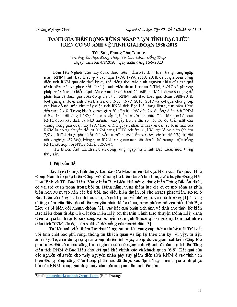 Đánh giá biến động rừng ngập mặn tỉnh Bạc Liêu trên cơ sở ảnh vệ tinh giai đoạn 1988-2018 = Assessing changes of mangrove forest in Bac Lieu province using multi-temporal satellite images during 1988-2018