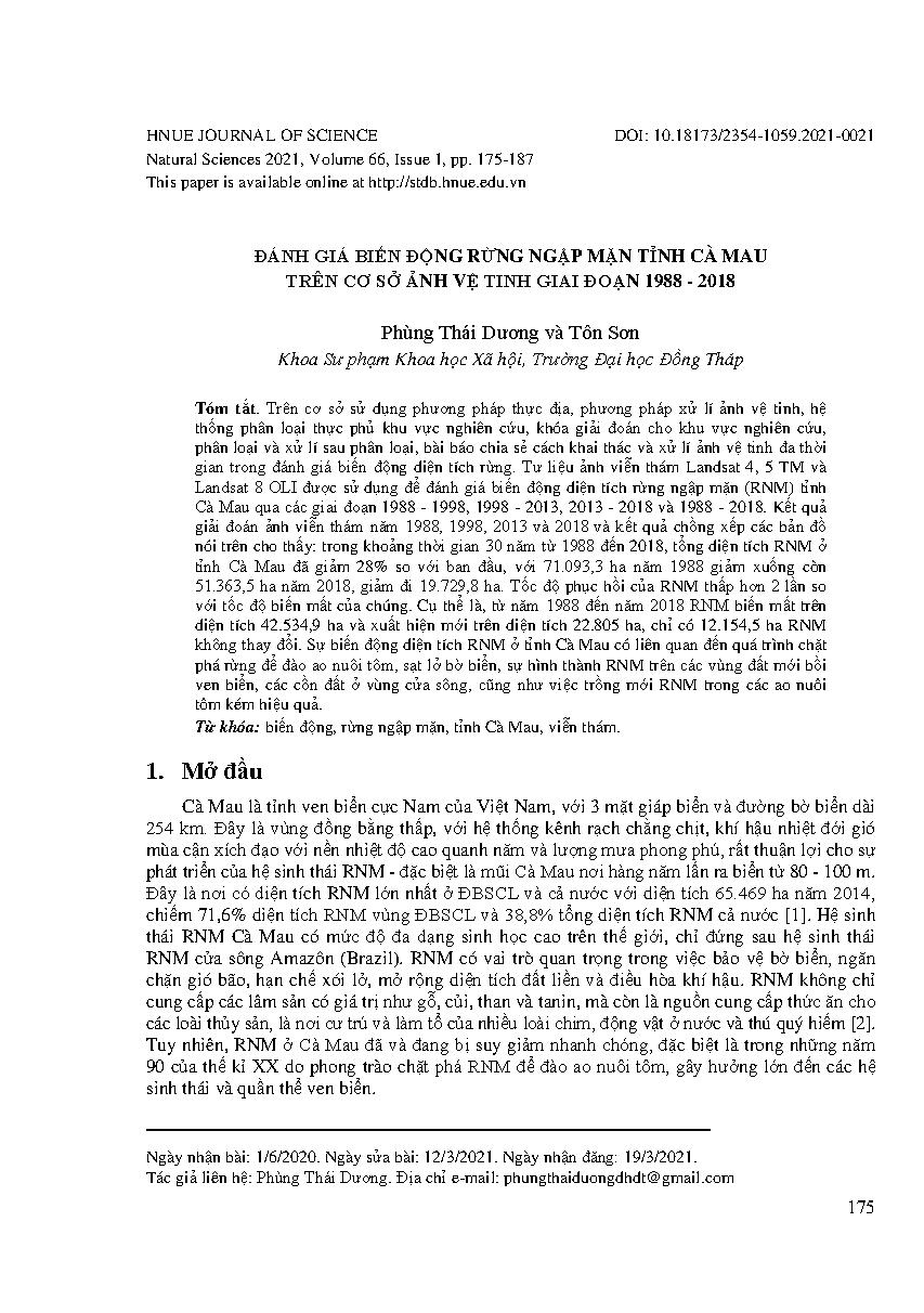 Đánh giá biến động rừng ngập mặn tỉnh Cà Mau trên cơ sở ảnh vệ tinh giai đoạn 1988 - 2018 = Assessment of mangrove forest change in Ca Mau province using satellite images in the period of 1988 - 2018
