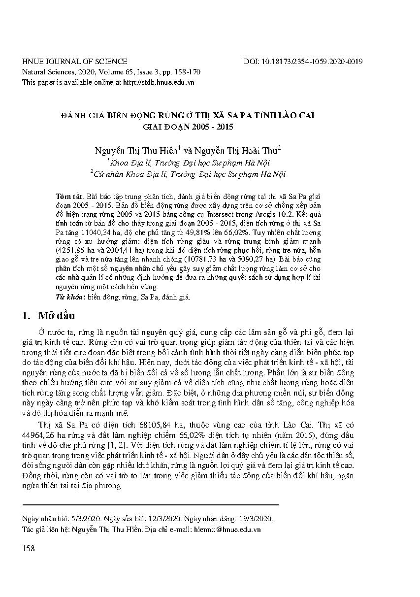 Đánh giá biến động rừng ở thị xã Sa Pa tỉnh Lào Cai giai đoạn 2005-2015 = Assessing forest changes in Sa Pa, Lao Cai province, in the period 2005 - 2015