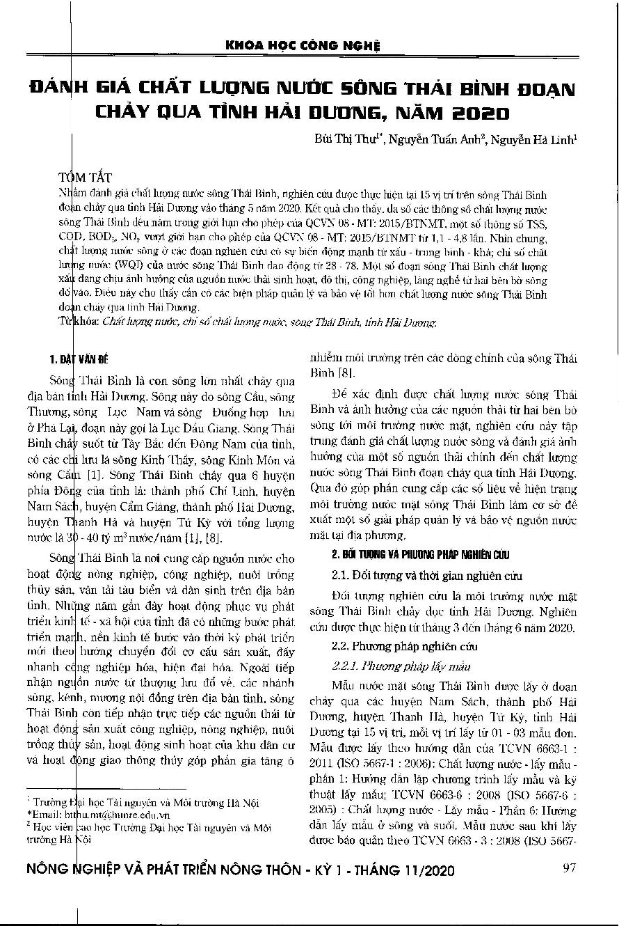 Đánh giá chất lượng nước sông Thái Bình đoạn chảy qua tỉnh Hải Dương, năm 2020 = Assessment of water quality of Thai Binh river that through Hai Duong province in 2020